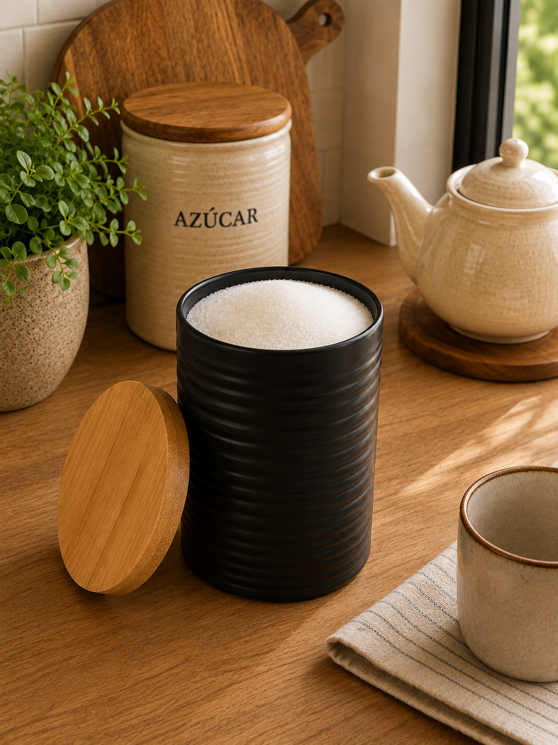 Frasco Negro Mate con Tapa de Bambú