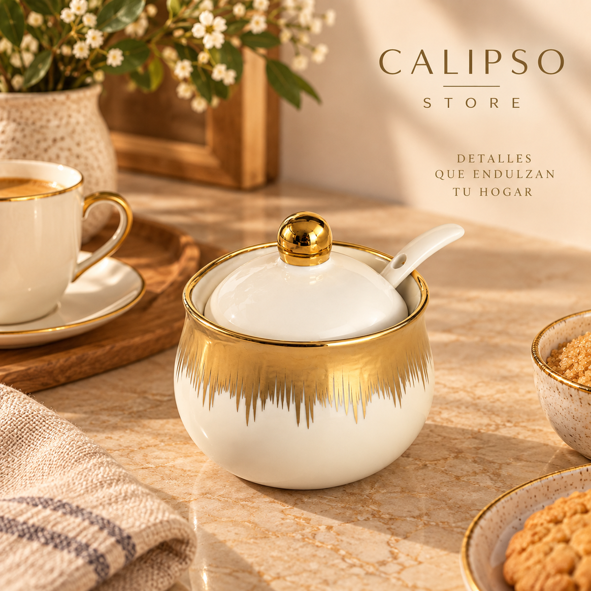 Azucarero Blanco y Dorado