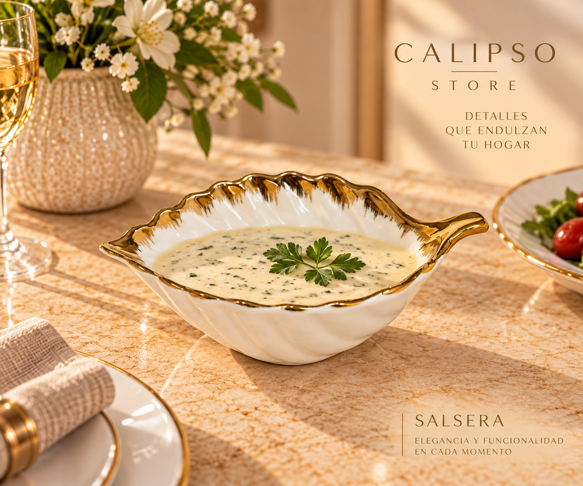 Salsera de Porcelana con Detalles Dorados
