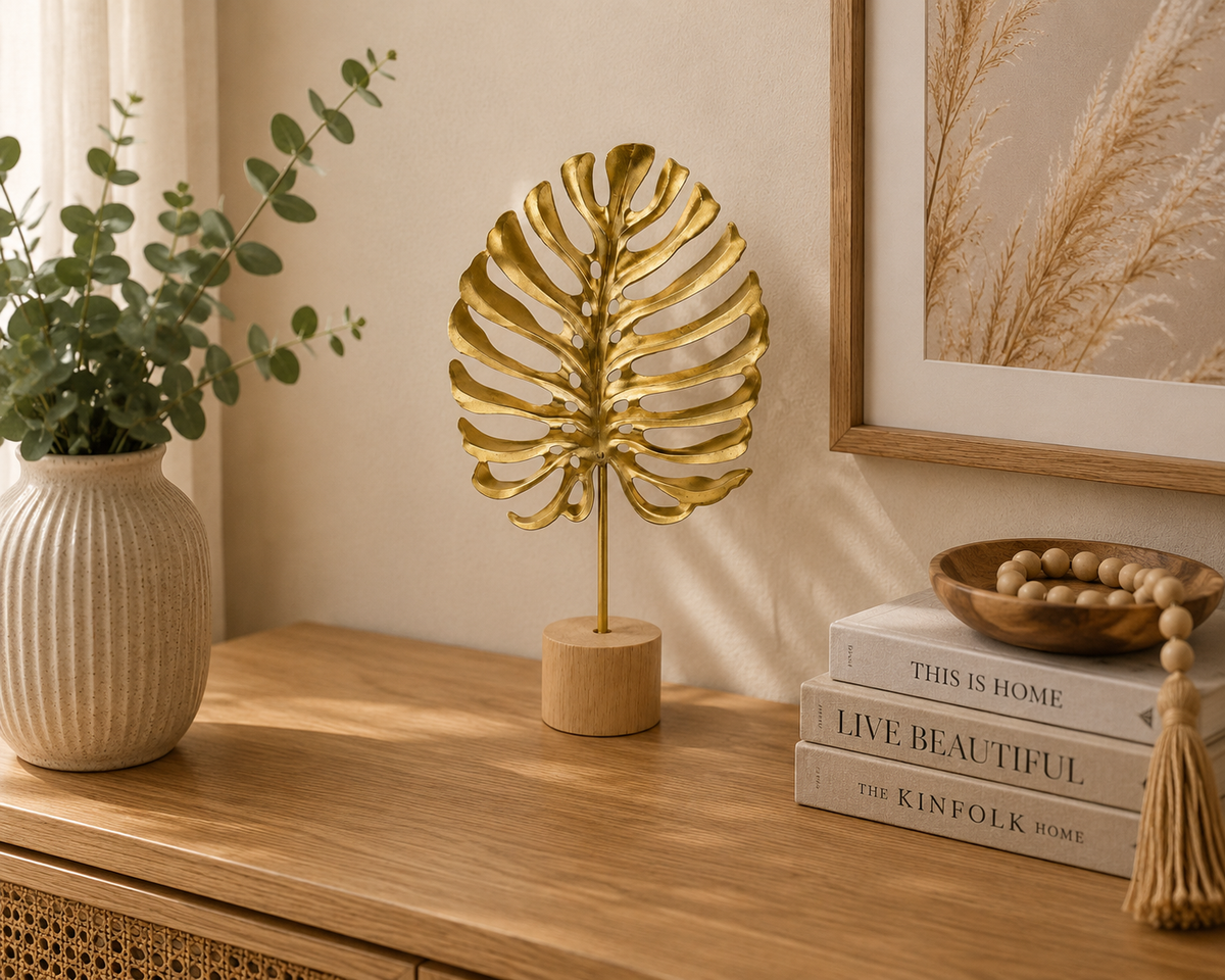 Decoración hoja dorada con base madera