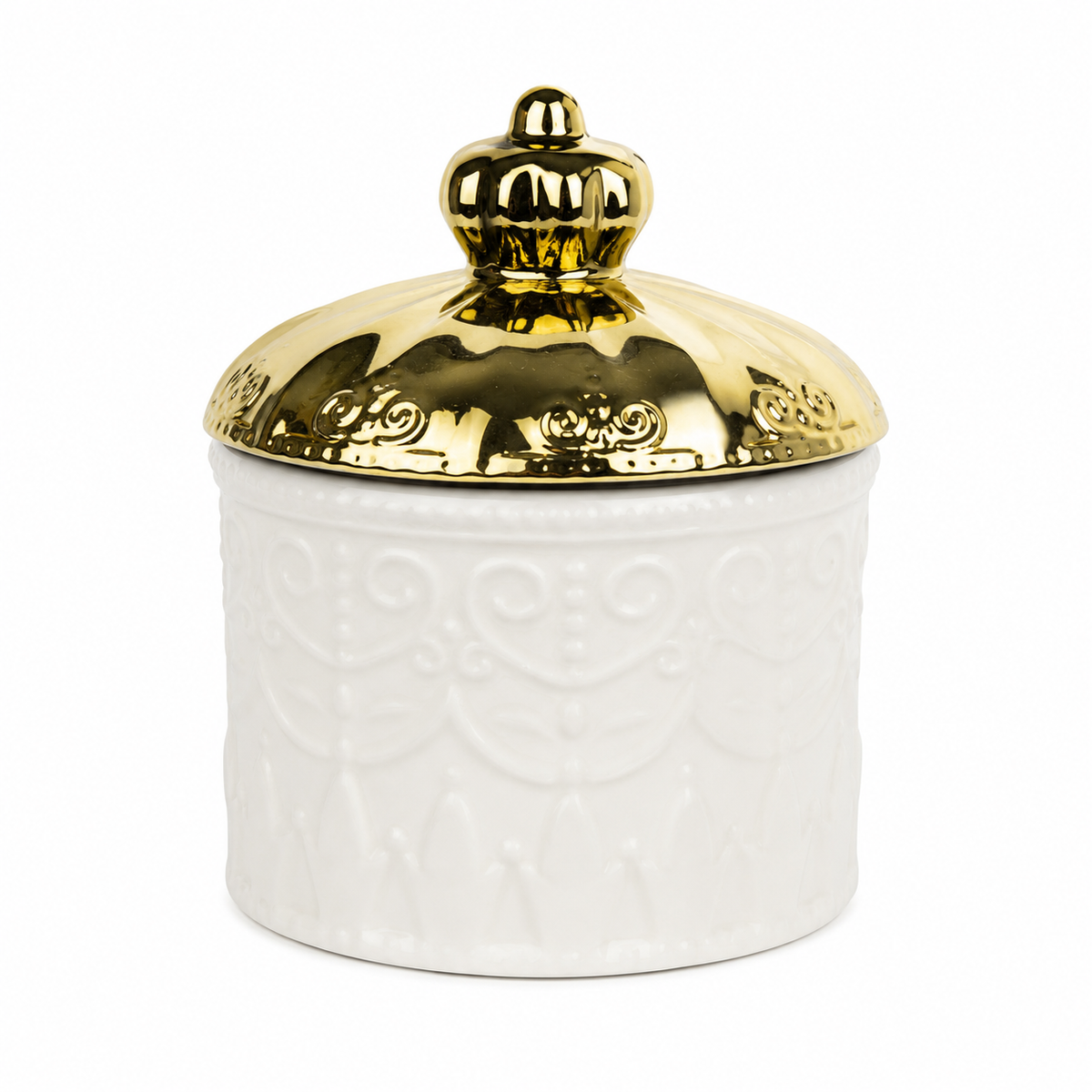 Frasco Decorativo de Cerámica Blanca con Tapa Dorada