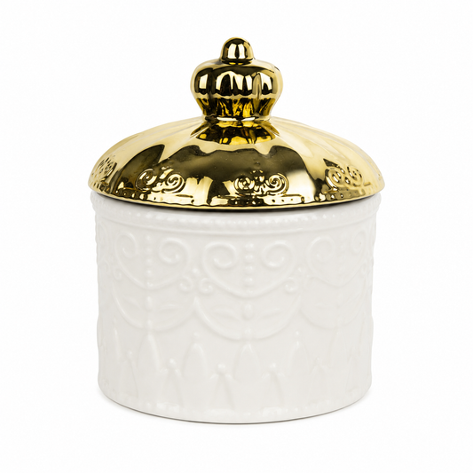 Frasco Decorativo de Cerámica Blanca con Tapa Dorada
