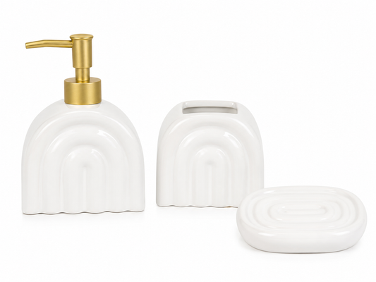 Set de Baño Cerámico Blanco con Dispensador Dorado – 3 Piezas
