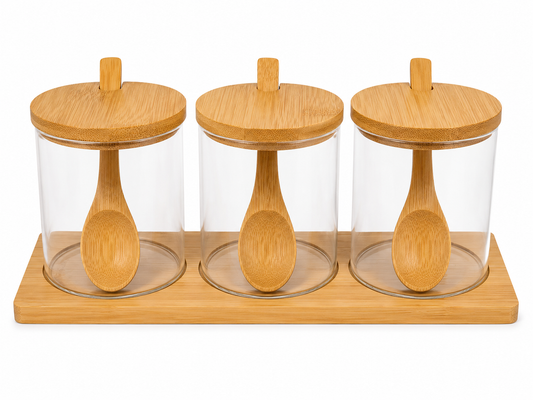 Set Condimentero de Vidrio y Bambú – 3 Piezas