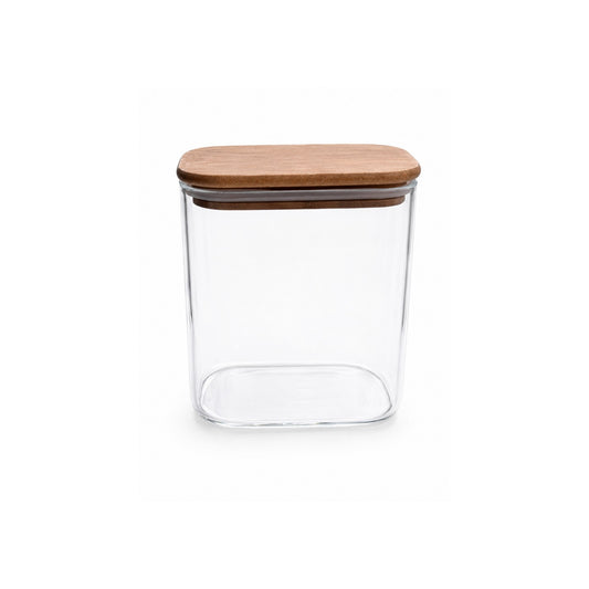 Frasco de vidrio ovalado rectangular con tapa de madera