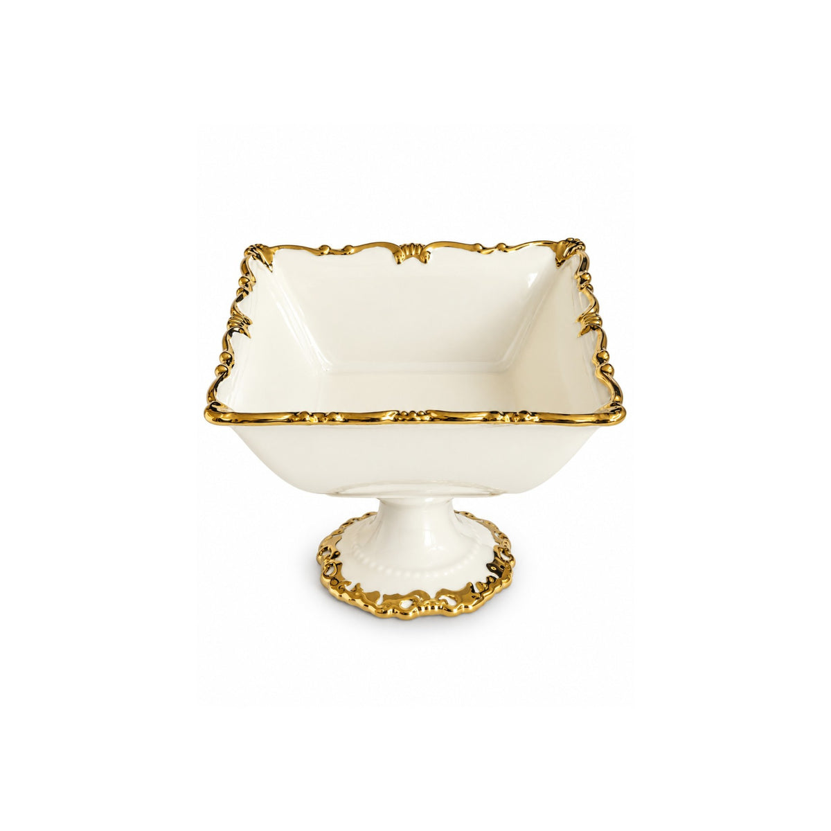 Cuenco de cerámica con pedestal blanco con bordes dorados
