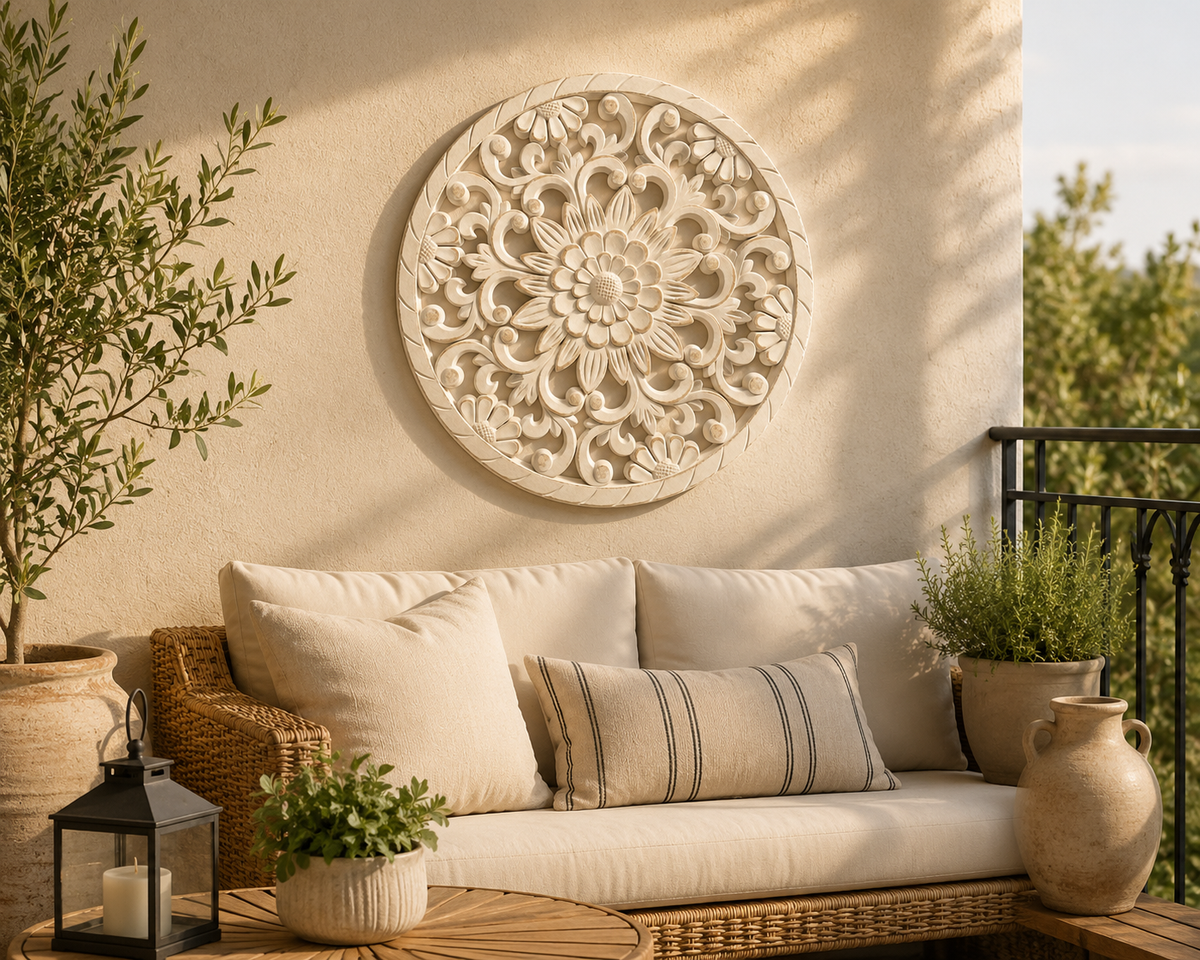 Decoración madera blanca redonda diseño flor