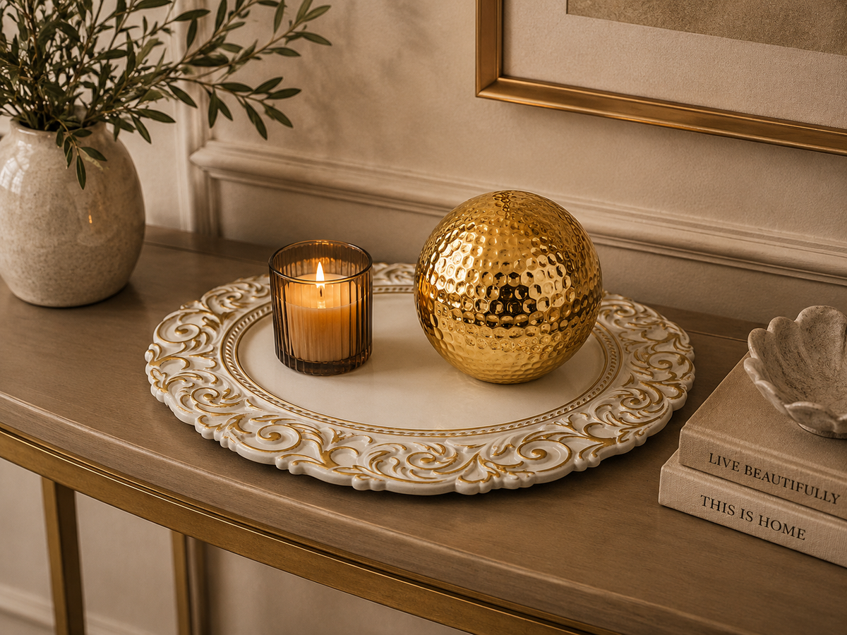 Plato decorativo redondo blanco y detalles dorados