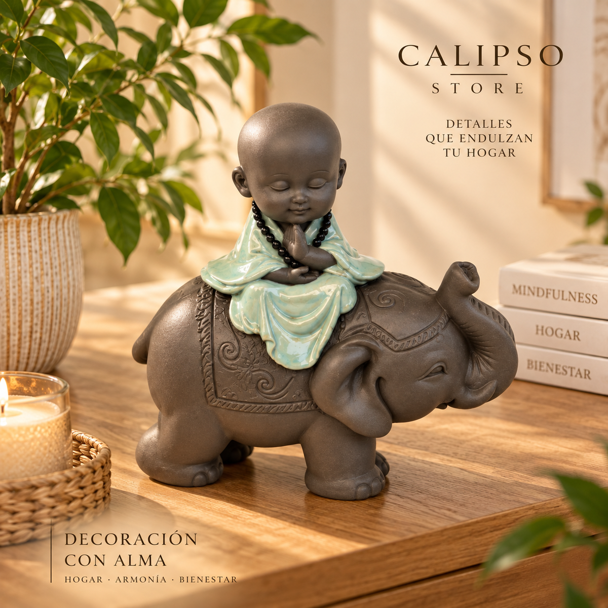Figura Decorativa Elefante con monje budista