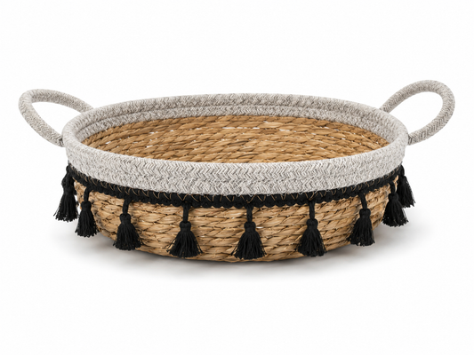 Canasto de almacenamiento  fibra natural trenzada  26x20x7 cm con borde negro y gris