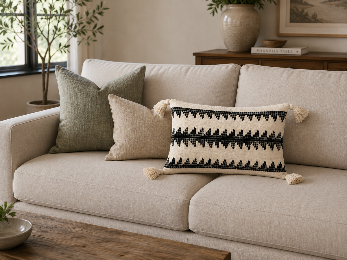 Cojín decorativo tejido tonos crudo y negro