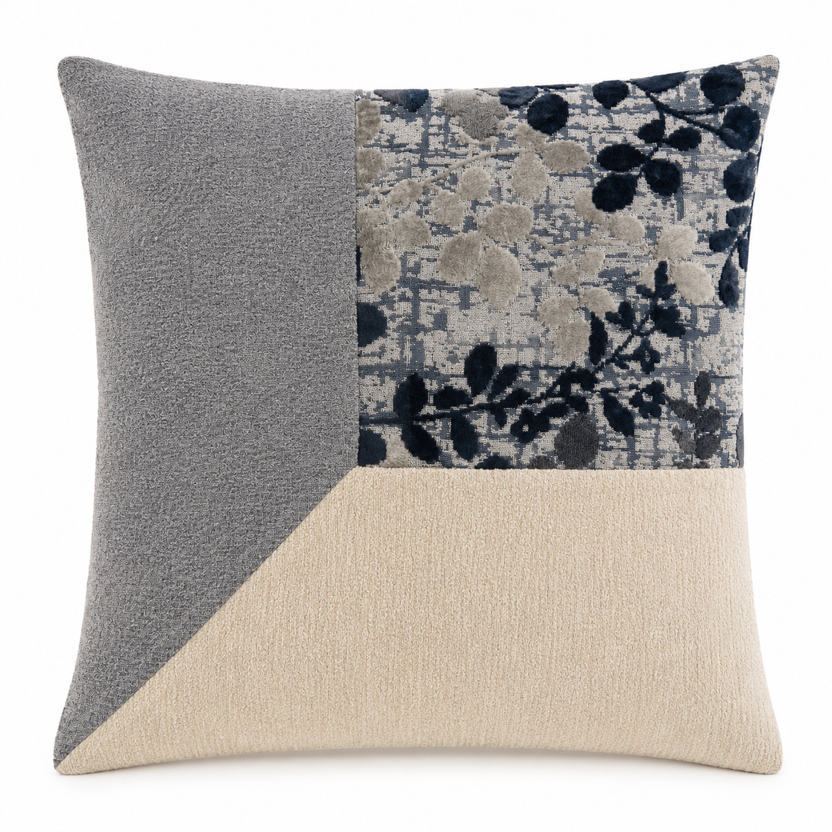 Cojín beige con flores grises y azules