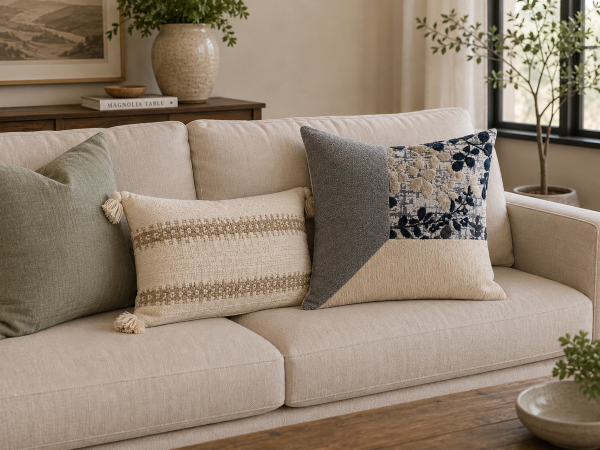 Cojín beige con flores grises y azules